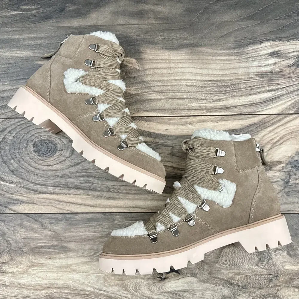 NEW Dolce Vita Pace 8 Faux Shearling Trim Lug Sole Suede Hiker Ankle Boots